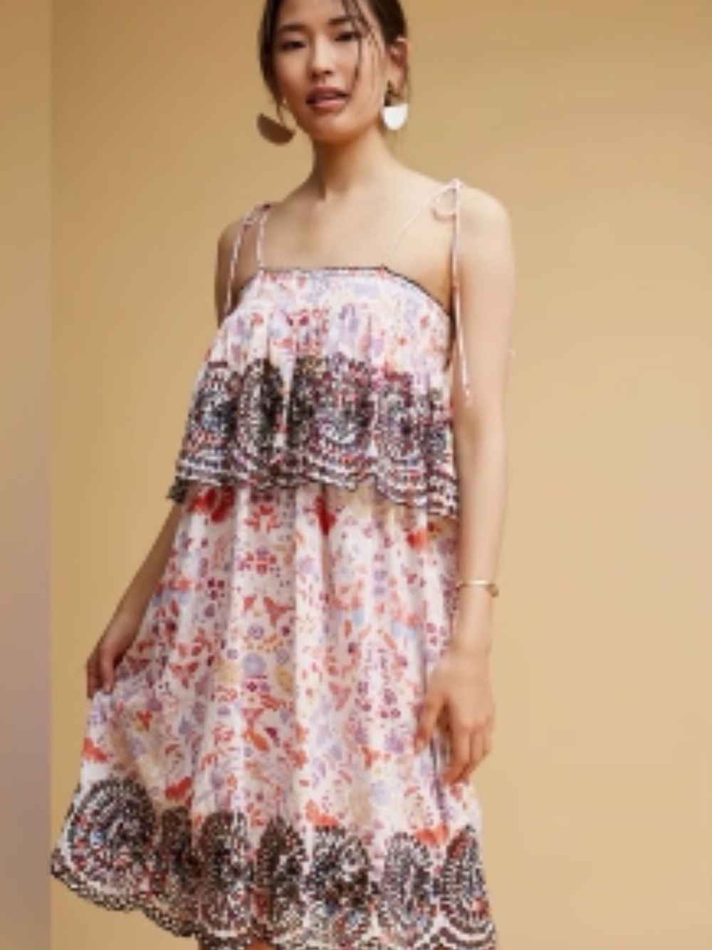 Antik Batik M/40 Samsa Sundress Pink Floral Tiered Spaghetti-Strap Mini Dress